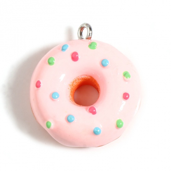 Image de Breloques en Résine Donuts Argent Mat Rose à Pois 25mm x 22mm - 24mm x 21mm, 5 Pcs