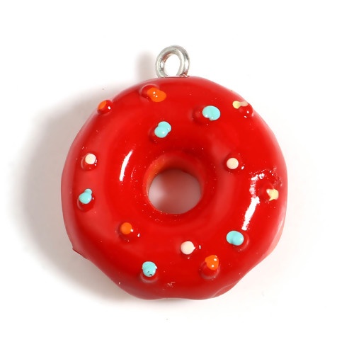 Immagine di Resina Charms Frittella Dolce Tono Argento Rosso Polka Dot 25mm x 22mm - 24mm x 21mm, 5 Pz