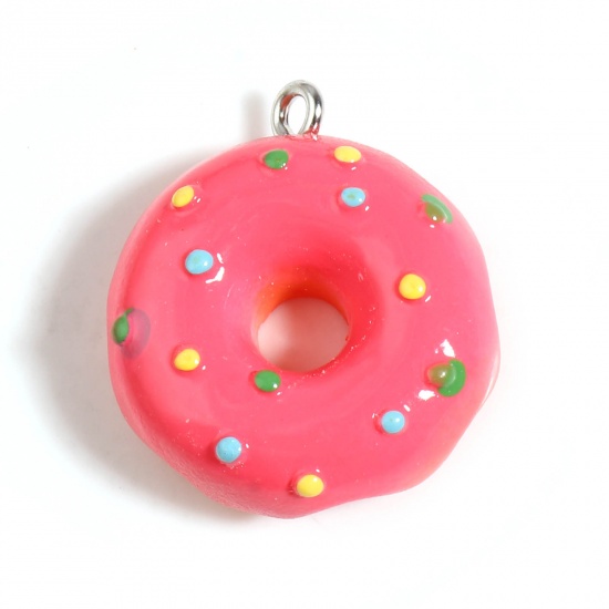Image de Breloques en Résine Donuts Argent Mat Fuchsia à Pois 25mm x 22mm - 24mm x 21mm, 5 Pcs