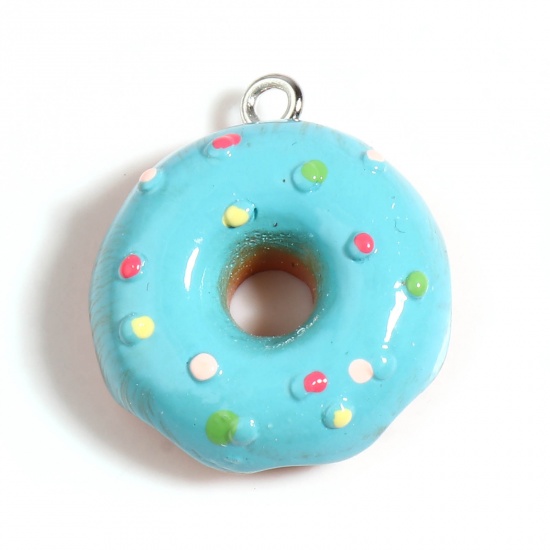 Image de Breloques en Résine Donuts Argent Mat Bleu à Pois 25mm x 22mm - 24mm x 21mm, 5 Pcs