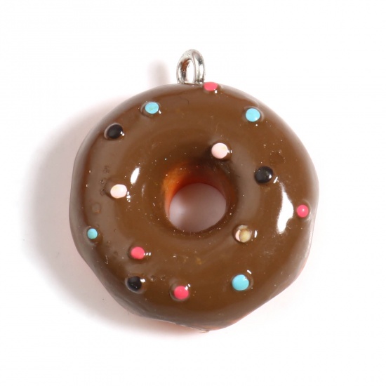 Image de Breloques en Résine Donuts Argent Mat Café Foncé à Pois 25mm x 22mm - 24mm x 21mm, 5 Pcs