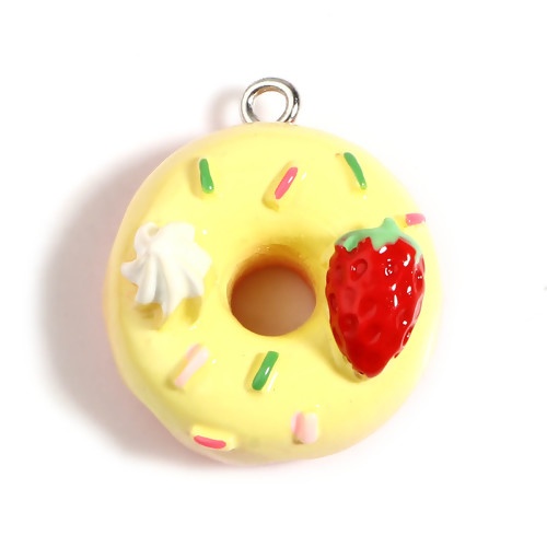 Immagine di Resina Charms Frittella Dolce Tono Argento Giallo Fragola 25mm x 22mm - 24mm x 21mm, 5 Pz