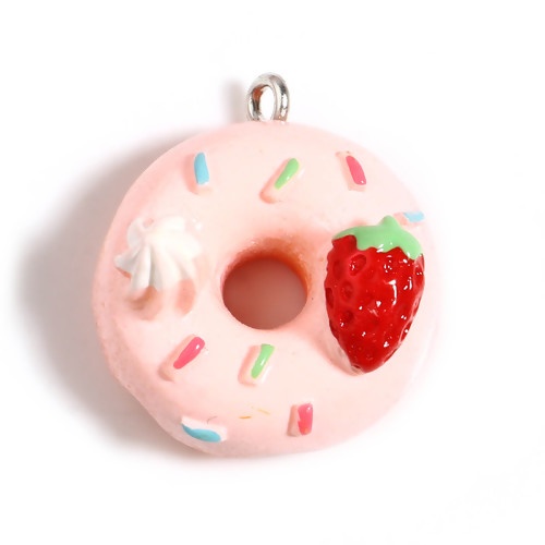 Immagine di Resina Charms Frittella Dolce Tono Argento Rosa Fragola 25mm x 22mm - 24mm x 21mm, 5 Pz