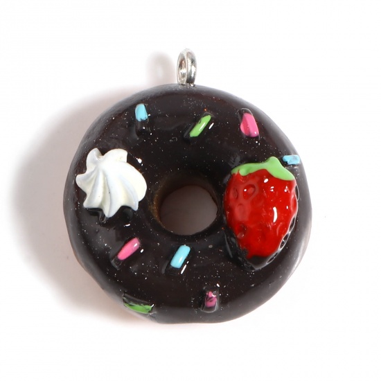 Image de Breloques en Résine Donuts Argent Mat Noir Fraises 25mm x 22mm - 24mm x 21mm, 5 Pcs