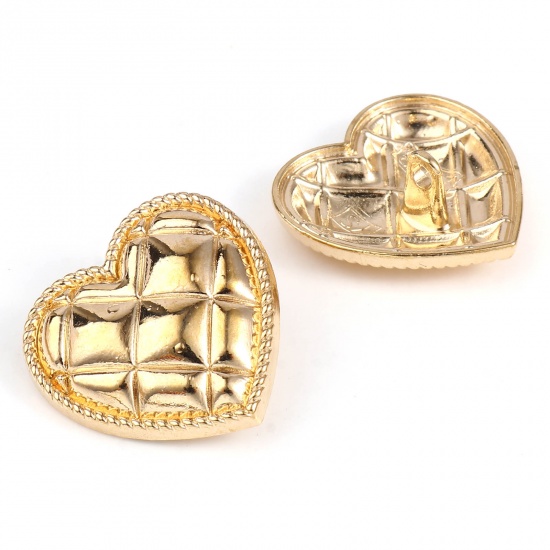 Picture of Zinc Based Alloy Valentine's Day Metal Sewing Shank Buttons Heart Gold Plated Grid Checker Carved 25mm x 25mm, 10 PCs