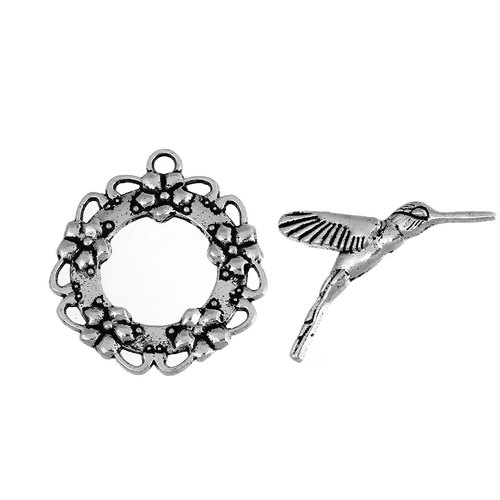 Picture of Zinc Based Alloy Toggle Clasps Findings Garland & Hummingbird Antique Silver 29mm x 16mm 28mm x 26mm, 10 Sets