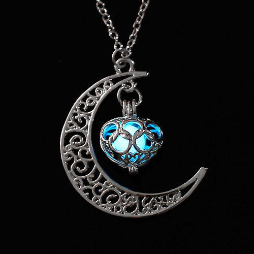Imagen de Cobre Luna Media Colgante Collar Tono de Plata Celeste Brillan en la oscuridad 47.5cm longitud, 1 Unidad