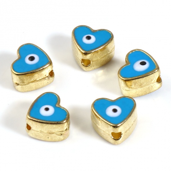 Imagen de Zamak Religión Cuentas Corazón Chapado en Oro Azul Mal de ojo Esmalte Aprox 8mm x 7mm, Agujero: Aprox 1.8mm, 10 Unidades