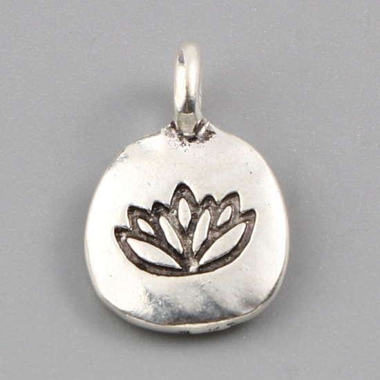 Picture of Zinc Based Alloy Religious Charms Oval Antique Silver Color Lotus Flower 18mm x 12mm, 10 PCs