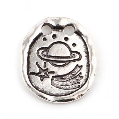Picture of Zinc Based Alloy Galaxy Two Hole Charms Planet Antique Silver Color Oval 19mm x 16mm, 10 PCs