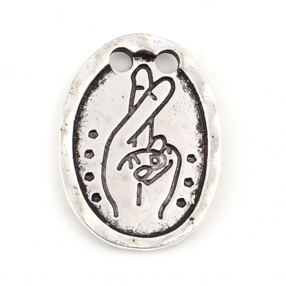 Picture of Zinc Based Alloy Two Hole Charms Love Hand Sign Gesture Antique Silver Color Oval 23mm x 17mm, 10 PCs