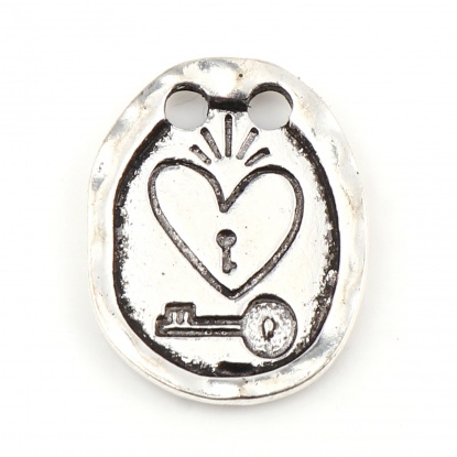 Picture of Zinc Based Alloy Valentine's Day Two Hole Charms Oval Antique Silver Color Heart 20mm x 16mm, 10 PCs