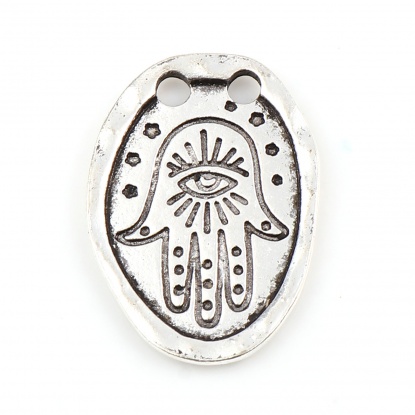 Picture of Zinc Based Alloy Religious Two Hole Charms Oval Antique Silver Color Hamsa Symbol Hand 23mm x 16mm, 10 PCs