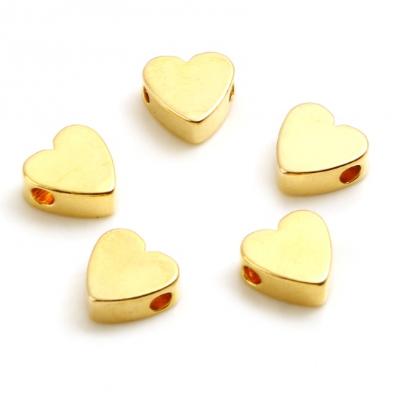 Picture of Copper Valentine's Day Beads 18K Real Gold Plated Heart About 8mm x 8mm, Hole: Approx 1.9mm, 10 PCs