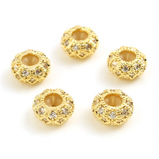 Picture of Copper Slider Clasp Beads 18K Real Gold Plated Round Clear Rhinestone About 8mm Dia, Hole: Approx 1.5mm, 1 Piece