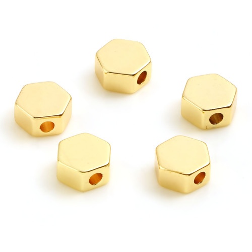 Immagine di Rame Perline 18K Oro riempito Esagono Circa 7mmx 6mm, Foro:Circa 1.7mm, 10 Pz