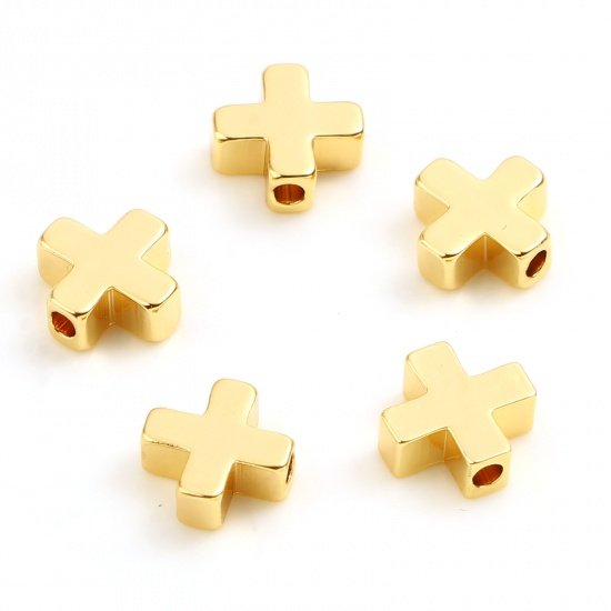 Picture of Copper Beads 18K Real Gold Plated Cross About 8mm x 8mm, Hole: Approx 1.6mm, 10 PCs