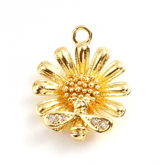 Picture of Copper Charms Daisy Flower 18K Real Gold Plated Bee Clear Rhinestone 17mm x 13.5mm, 2 PCs
