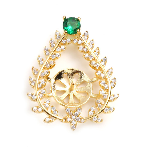 Immagine di Rame Micro Intarsio Connettore Ciondolo Perla Bail Pin Cap 18K Oro riempito Goccia Foglia Spessore dell'ago: 0.8mm, Trasparente Strass Verde Cubic Zirconiae 29mm x 22mm, 1 Pz