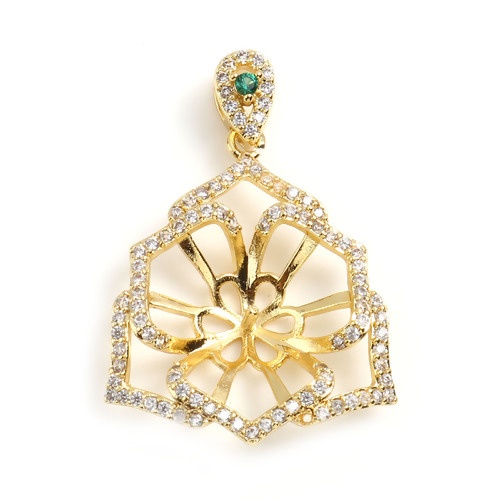 Immagine di Rame Micro Intarsio Connettore Ciondolo Perla Bail Pin Cap 18K Oro riempito Fiore Spessore dell'ago: 0.8mm, Trasparente Strass Verde Cubic Zirconiae 31mm x 21mm, 1 Pz