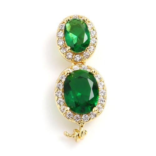 Immagine di Rame Micro Intarsio Connettore Ciondolo Perla Bail Pin Cap 18K Oro riempito Ovale Spessore dell'ago: 0.8mm, Trasparente Strass Verde Cubic Zirconiae 29mm x 10mm, 1 Pz