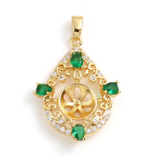 Immagine di Rame Micro Intarsio Connettore Ciondolo Perla Bail Pin Cap 18K Oro riempito Goccia Spessore dell'ago: 0.8mm, Trasparente Strass Verde Cubic Zirconiae 32mm x 20mm, 1 Pz