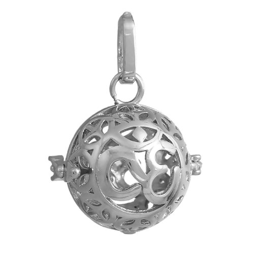 Picture of Copper Yoga Healing Mexican Angel Caller Bola Harmony Ball Wish Box Pendants Round Silver Tone Yoga Message " OM " Carved Can Open (Fit Bead Size: 16mm) 3.6cm x2.6cm(1 3/8" x1") - 3.5cm x2.6cm(1 3/8" x1"), 1 Piece