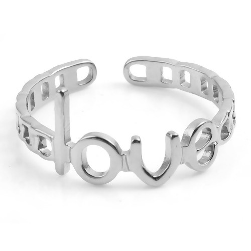 Bild von Edelstahl Offen Verstellbar Ring Silberfarbe " Love " 18.5mm（US Größe:8.5), 1 Stück