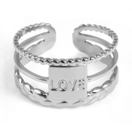 Bild von Edelstahl Offen Verstellbar Ring Silberfarbe Rechteck " LOVE " Mehrschichtige 18.5mm（US Größe:8.5), 1 Stück