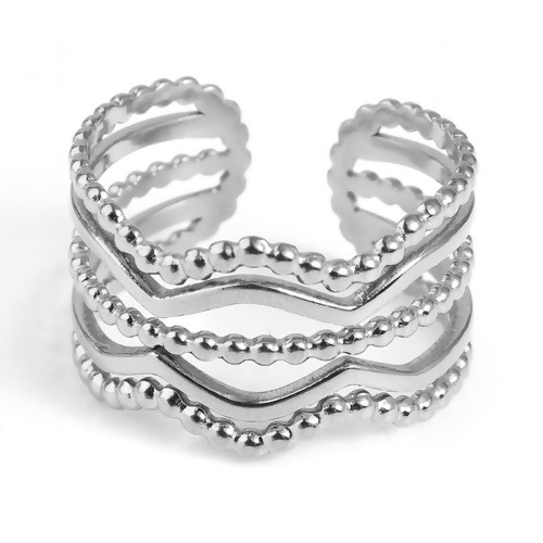 Bild von Edelstahl Offen Verstellbar Ring Silberfarbe Streifen Mehrschichtige 18.5mm（US Größe:8.5), 1 Stück