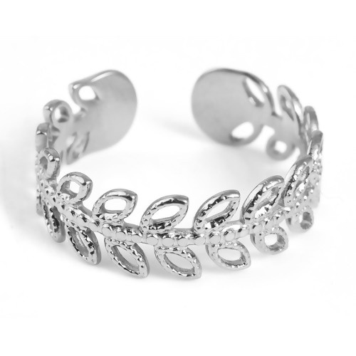 Bild von Edelstahl Offen Verstellbar Ring Silberfarbe Blätter 18.5mm（US Größe:8.5), 1 Stück