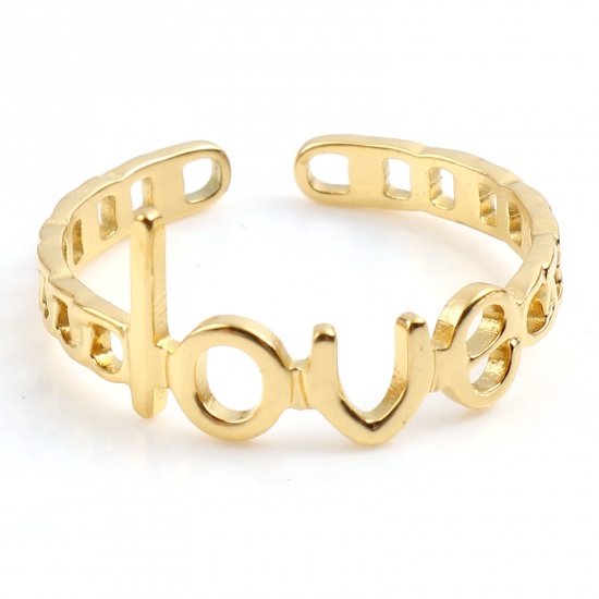 Picture of Stainless Steel Open Adjustable Rings Gold Plated " Love " 18.5mm(US size 8.5), 1 Piece