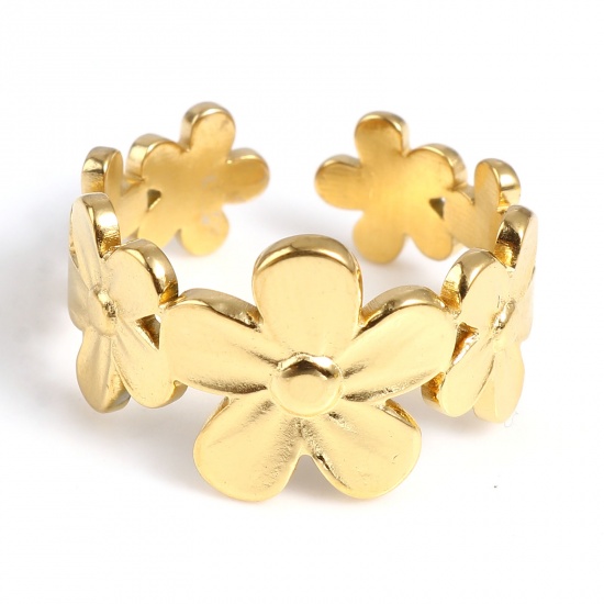 Picture of Stainless Steel Open Adjustable Rings Gold Plated Flower 18.5mm(US size 8.5), 1 Piece