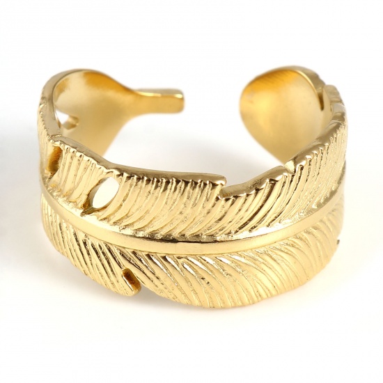 Picture of Stainless Steel Open Adjustable Rings Gold Plated Feather 18.5mm(US size 8.5), 1 Piece