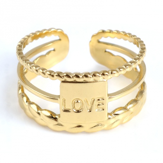 Picture of Stainless Steel Open Adjustable Rings Gold Plated Rectangle " LOVE " Multilayer 18.5mm(US size 8.5), 1 Piece