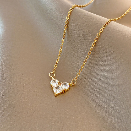 Picture of Stainless Steel Necklace Gold Plated Heart Clear Cubic Zirconia 40cm(15 6/8") long, 1 Piece