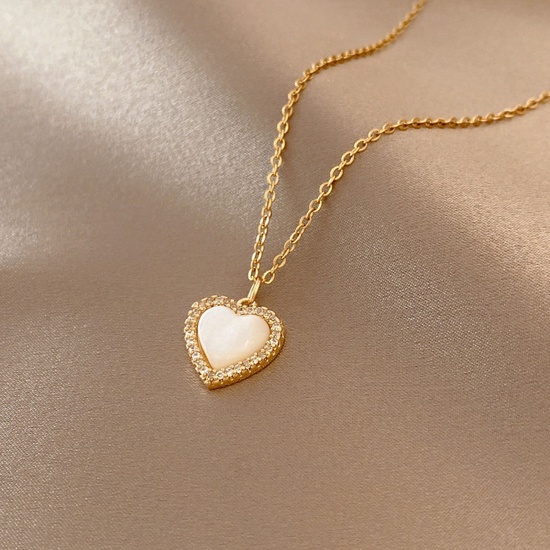 Picture of Stainless Steel Necklace Gold Plated White Heart Clear Cubic Zirconia 40cm(15 6/8") long, 1 Piece