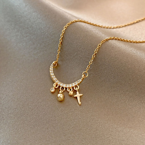 Picture of Stainless Steel Necklace Gold Plated Half Moon Cross Clear Rhinestone 42.6cm long, 1 Piece