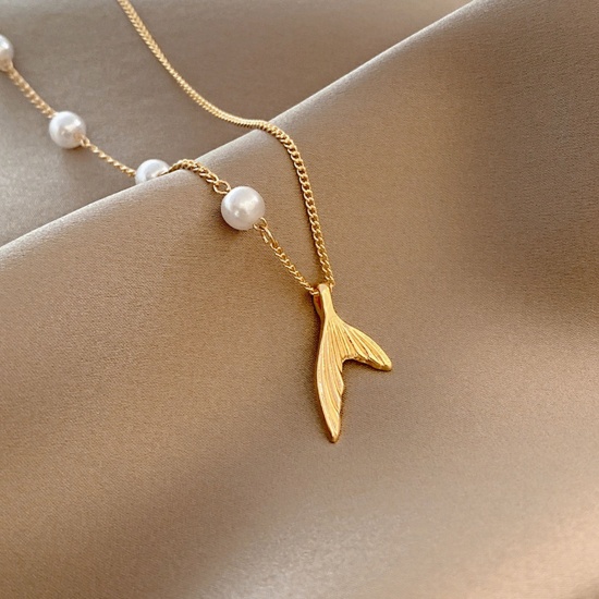 Picture of Stainless Steel & Acrylic Necklace Gold Plated White Fishtail Imitation Pearl 38.2cm(15") long, 1 Piece