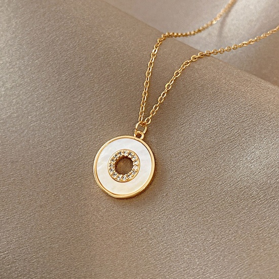 Picture of Stainless Steel Necklace Gold Plated White Circle Ring Clear Rhinestone 40cm(15 6/8") long, 1 Piece