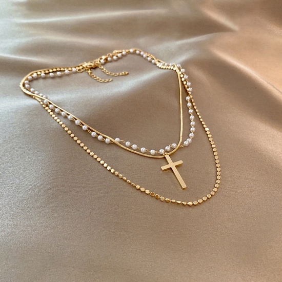 Picture of Stainless Steel & Acrylic Necklace Gold Plated White Cross Imitation Pearl 40cm(15 6/8") long, 1 Piece