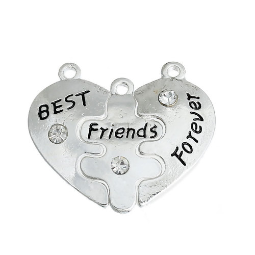 Picture of Zinc Based Alloy Charms Pendants Broken Heart Silver Plated Friendship BFF Message " BEST Friends Forever " Carved Clear Rhinestone 27mm x15mm(1 1/8" x 5/8") 25mm x14mm(1" x 4/8"), 1 Set(3 PCs/Set)