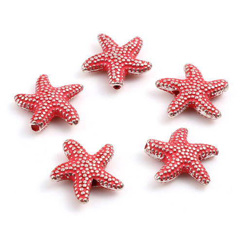Imagen de Zamak Joyería del océano Cuentas Estrella de mar Rojo Aprox 14mm x 13.5mm, Agujero: Aprox 1.3mm, 20 Unidades