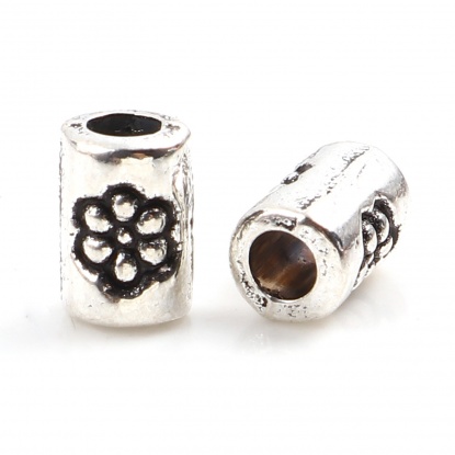 Picture of Zinc Based Alloy Spacer Beads Cylinder Antique Silver Color Flower About 5mm x 3mm, Hole: Approx 1.9mm, 300 PCs