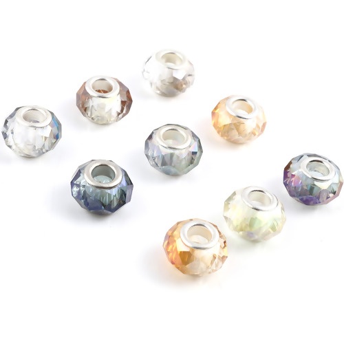 Picture of Zinc Based Alloy & Glass European Style Large Hole Charm Beads Silver Tone At Random Color Round Faceted 14mm Dia., Hole: Approx 5mm, 20 PCs