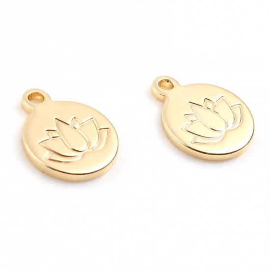 Picture of Copper Religious Charms Round 18K Real Gold Plated Lotus Flower 13mm x 10mm, 2 PCs