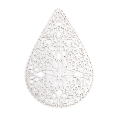 Bild von Eisenlegierung Filigran Stempel Verzierung Anhänger Tropfen Silberfarbe Filigran 40mm x 27mm, 10 Stück