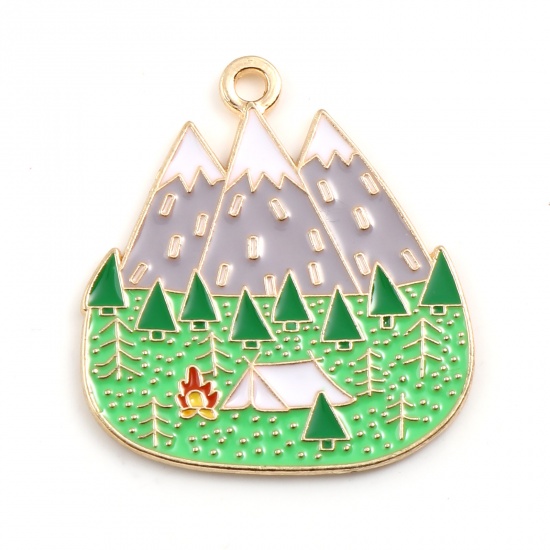 Picture of Zinc Based Alloy Travel Charms Gold Plated Green & Gray Natural Scenery 28mm x 25mm, 5 PCs