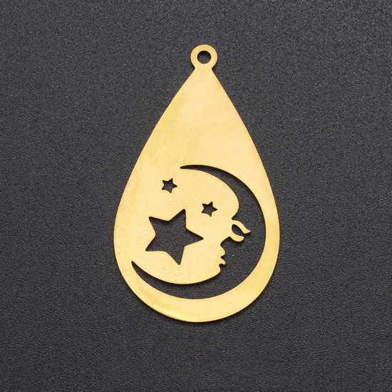 Picture of Stainless Steel Galaxy Pendants Drop Gold Plated Moon 3.8cm x 2.2cm, 1 Piece