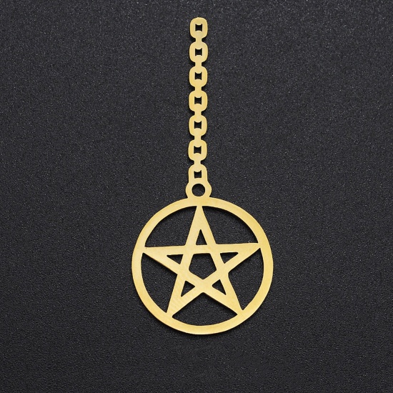 Picture of Stainless Steel Galaxy Pendants Round Gold Plated Pentagram Star 4.8cm x 2cm, 1 Piece
